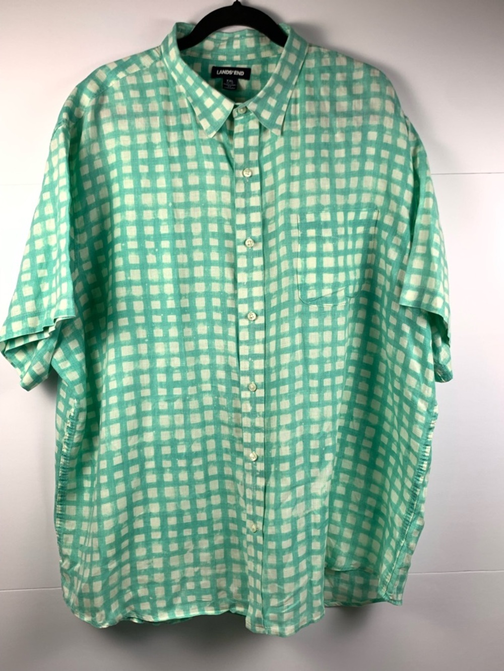 Lands' End Men's Green Grid Short-Sleeve Button-Up Shirt Flaw